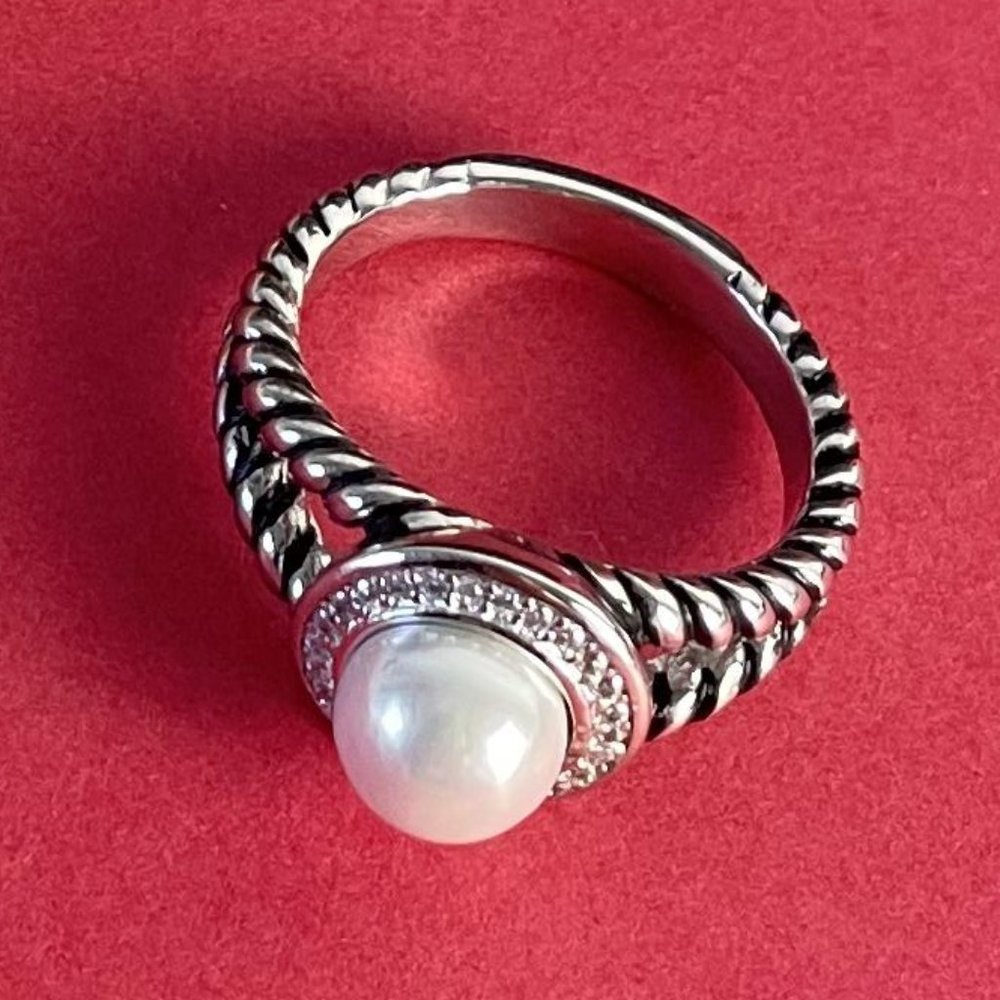 Size 6 Albion® Pearl Ring in Sterling Silver with Pavé Diamonds